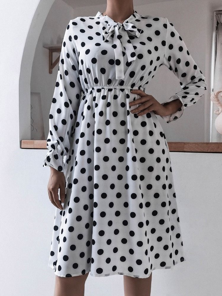 Mid-Calf Patchwork Bow Krage A-Line Polka Dots Damklänning