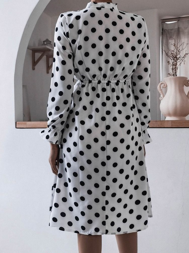 Mid-Calf Patchwork Bow Krage A-Line Polka Dots Damklänning