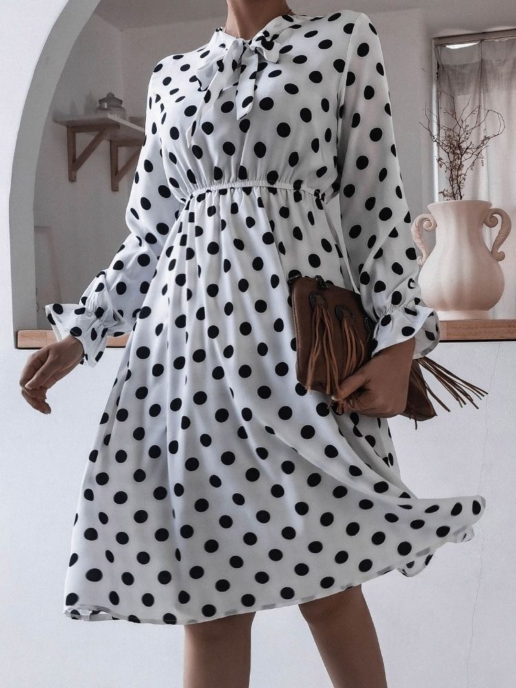 Mid-Calf Patchwork Bow Krage A-Line Polka Dots Damklänning