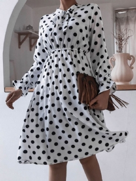 Mid-Calf Patchwork Bow Krage A-Line Polka Dots Damklänning