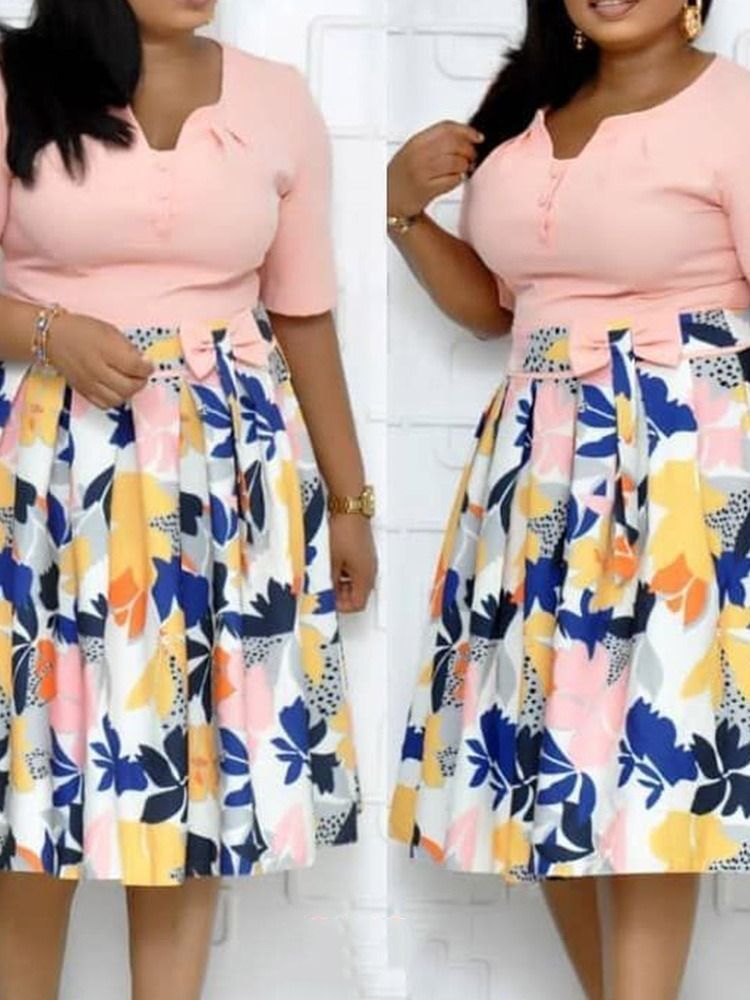 Mid-Calf Patchwork Half Sleeve Mid Waist A-Line Klänning