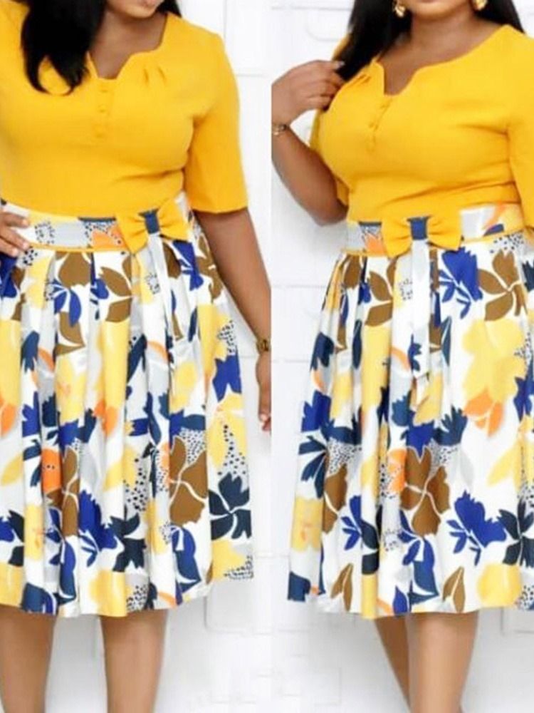 Mid-Calf Patchwork Half Sleeve Mid Waist A-Line Klänning