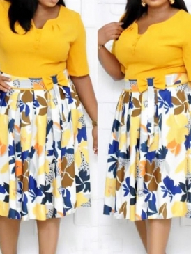 Mid-Calf Patchwork Half Sleeve Mid Waist A-Line Klänning