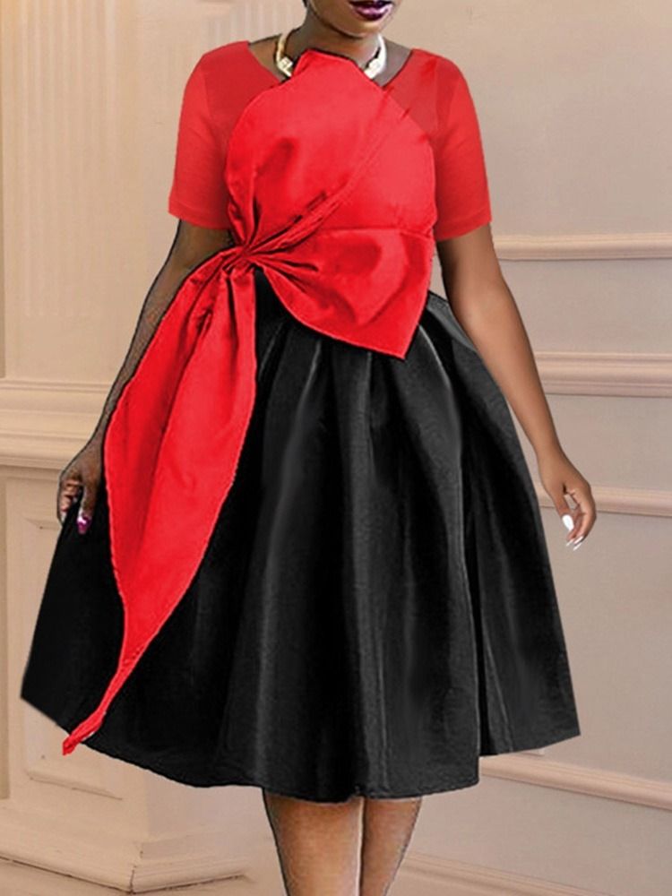 Mid-Kalv Kortärmad Bowknot Fashion Color Block Klänning