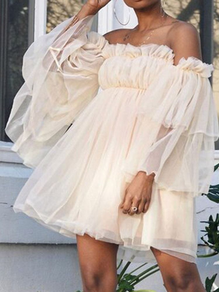 Nio Poängs Ärm Mesh Off Shoulder Enkel Modeklänning