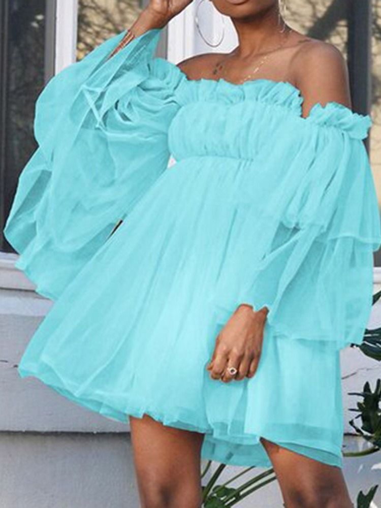 Nio Poängs Ärm Mesh Off Shoulder Enkel Modeklänning