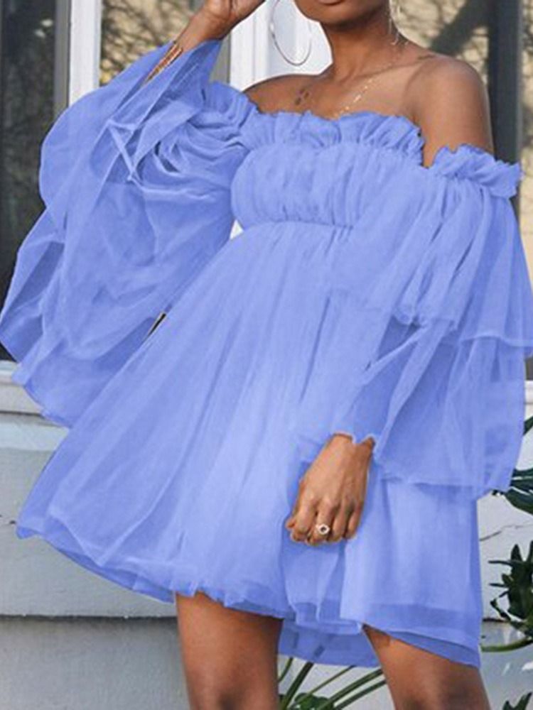Nio Poängs Ärm Mesh Off Shoulder Enkel Modeklänning