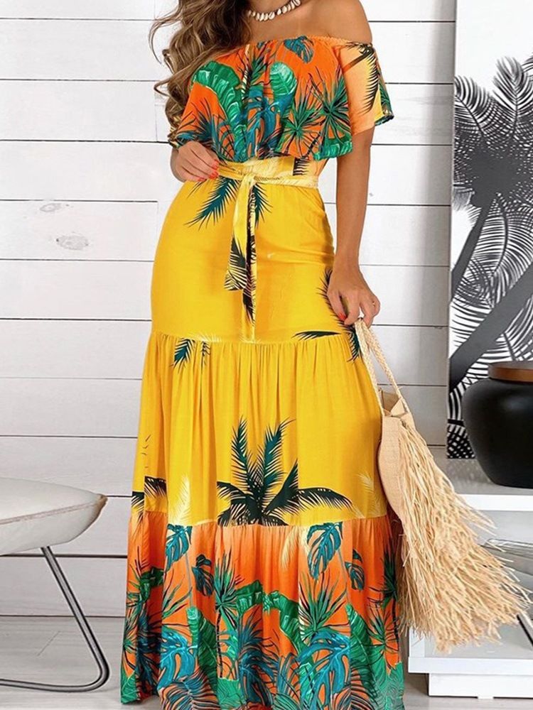 Off Shoulder Kortärmad Golvlång Plant A-Line Maxiklänning