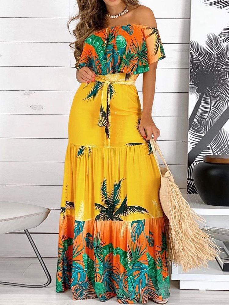 Off Shoulder Kortärmad Golvlång Plant A-Line Maxiklänning