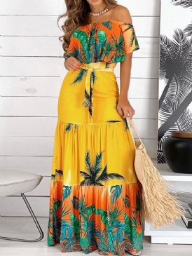 Off Shoulder Kortärmad Golvlång Plant A-Line Maxiklänning