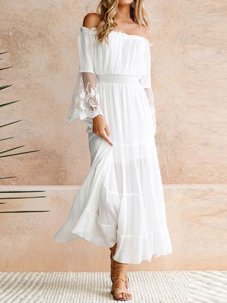 Off Shoulder Patchwork Ankellång Pullover Cold Shoulder Damklänning