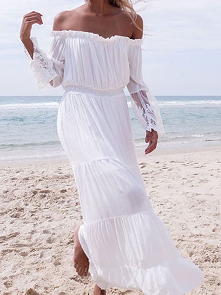 Off Shoulder Patchwork Golvlång Pullover Strandklänningar För Kvinnor