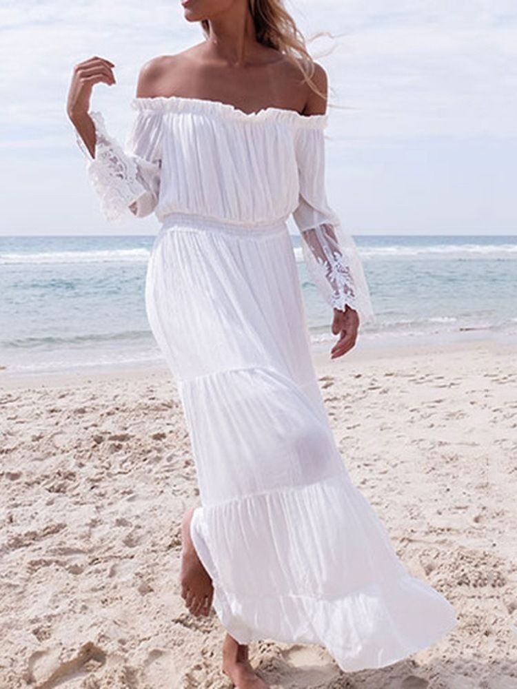 Off Shoulder Patchwork Golvlång Pullover Strandklänningar För Kvinnor