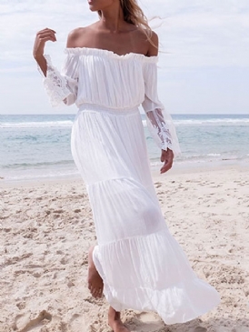 Off Shoulder Patchwork Golvlång Pullover Strandklänningar För Kvinnor