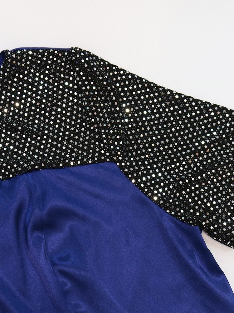 Paljetter Ankellång Rund Hals Färgblock Modeklänning