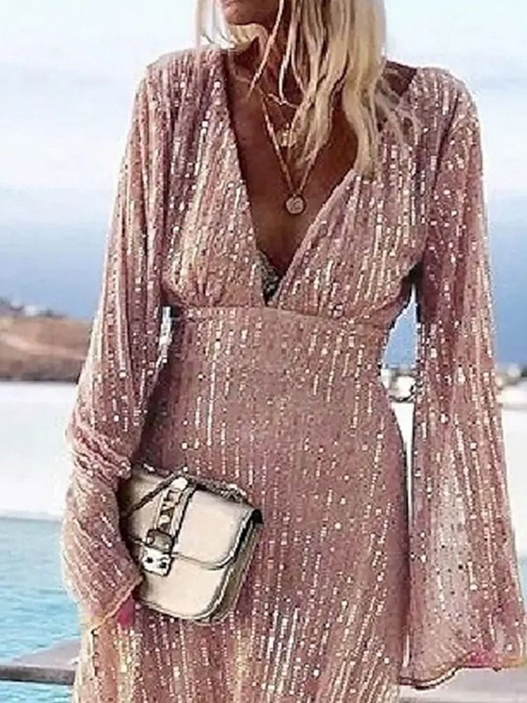 Paljetter Golvlång Långärmad Flare Sleeve A-Line Maxiklänning