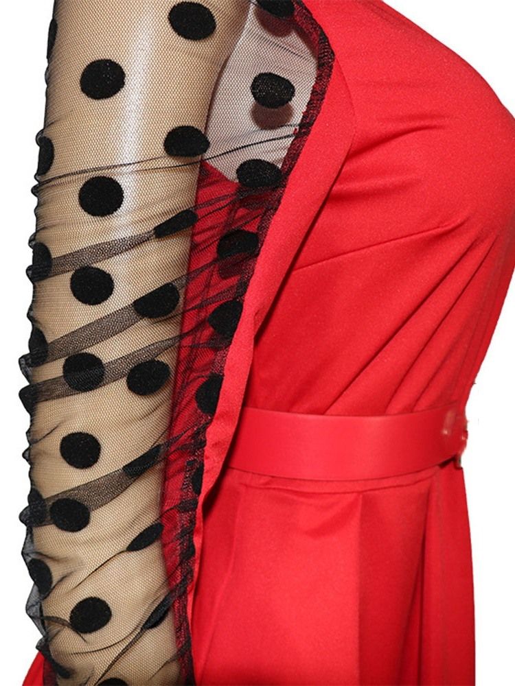 Patchwork Långärmad Mid-Calf Polka Dots Puff Sleeve Casual Klänning