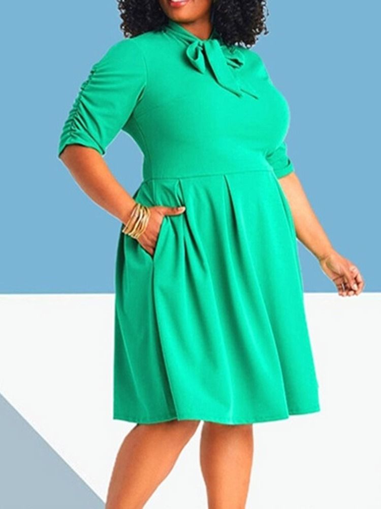 Plus Size Knälång Plisserad Rosettkrage Pullover Västerländsk Klänning
