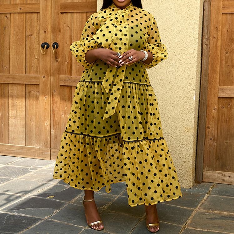 Plus Size Rosettkrage Trekvartsärm Mid-Kalf Lykta Ärm Västerländsk Casual Klänning