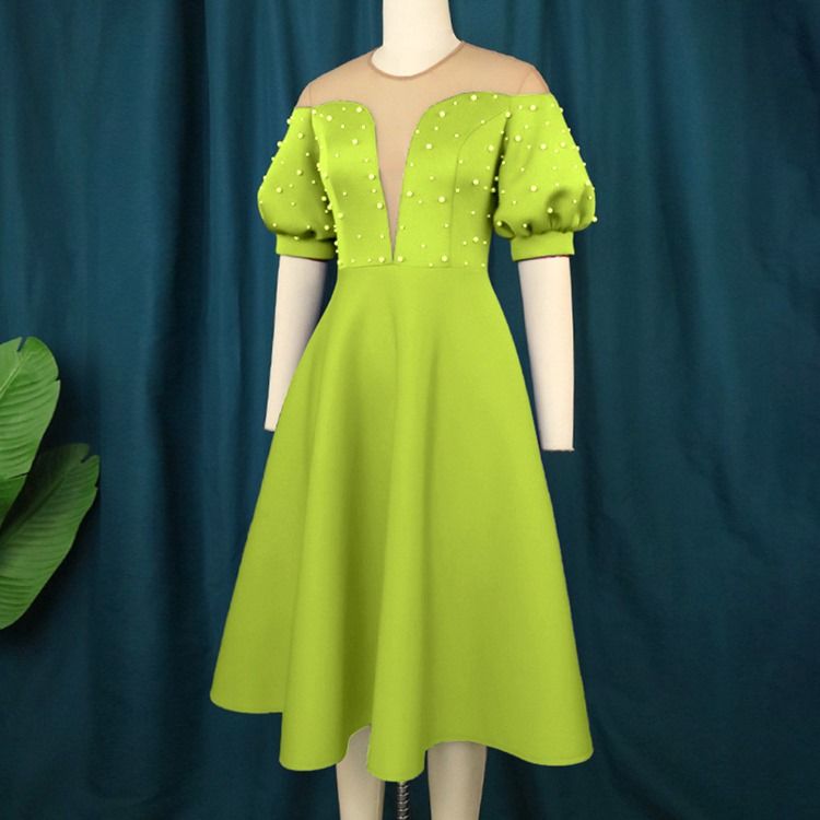 Plus Size Rundhalsad Kortärmad Bead A-Line Office Lady Casual Klänning