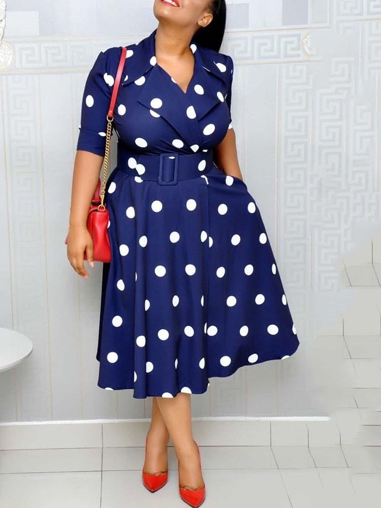 Polka Dots A-Line Mid-Calf Half Sleeve Regular Ol Klänning (Utan Midjeband)