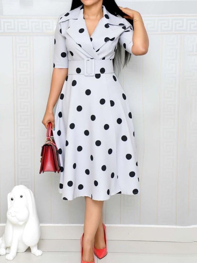 Polka Dots A-Line Mid-Calf Half Sleeve Regular Ol Klänning (Utan Midjeband)