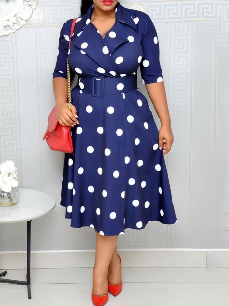 Polka Dots A-Line Mid-Calf Half Sleeve Regular Ol Klänning (Utan Midjeband)
