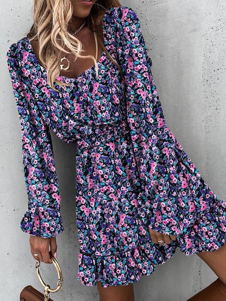 Print Above Knee Långärmad Blommig Pullover Damklänning