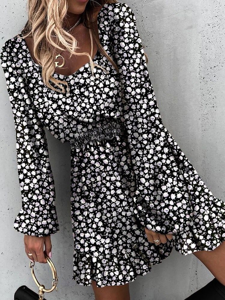 Print Above Knee Långärmad Blommig Pullover Damklänning