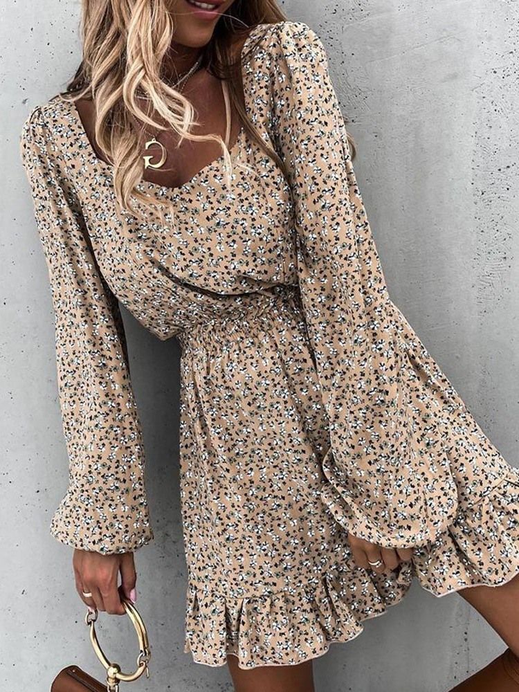 Print Above Knee Långärmad Blommig Pullover Damklänning