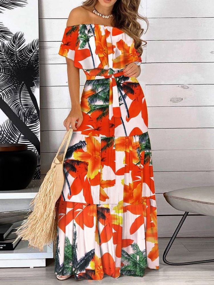 Print Off Shoulder Golvlång Plant Mid Waist Bodycon Klänning Maxiklänning