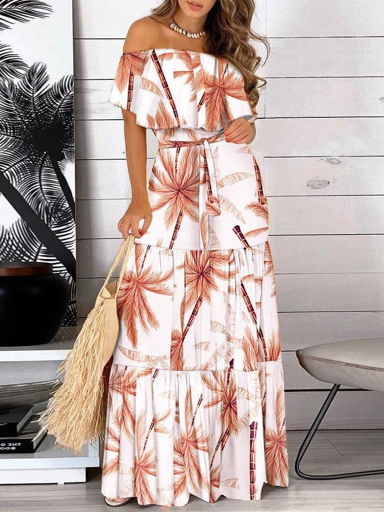 Print Off Shoulder Golvlång Plant Mid Waist Bodycon Klänning Maxiklänning