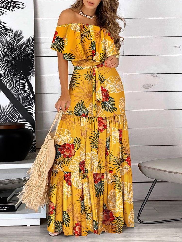 Print Off Shoulder Golvlång Plant Mid Waist Bodycon Klänning Maxiklänning