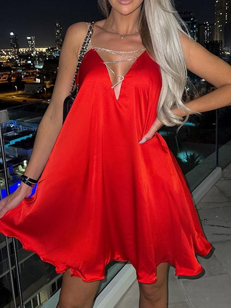 Rhinestone Ärmlös V-Halsad Tröja A-Line Casual Klänning