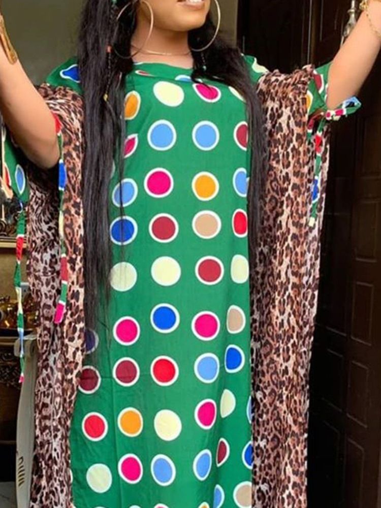 Rund Hals Golvlång Trekvartsärm Polka Dots Klänning