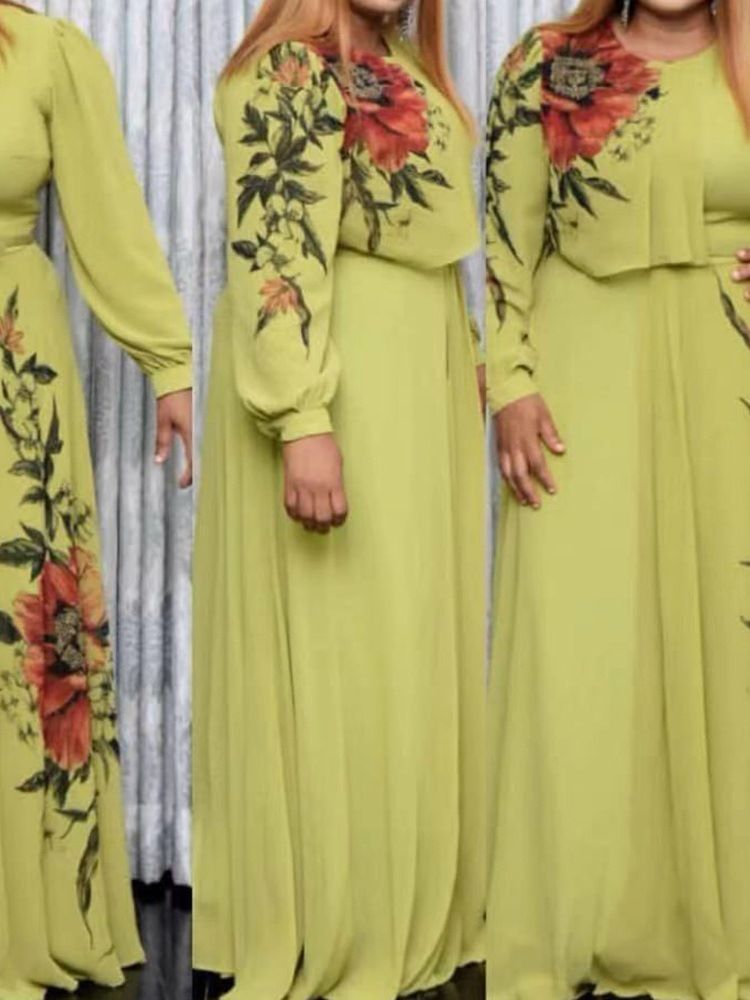 Rundhalsad Långärmad Golvlång Höstblommig Damklänning