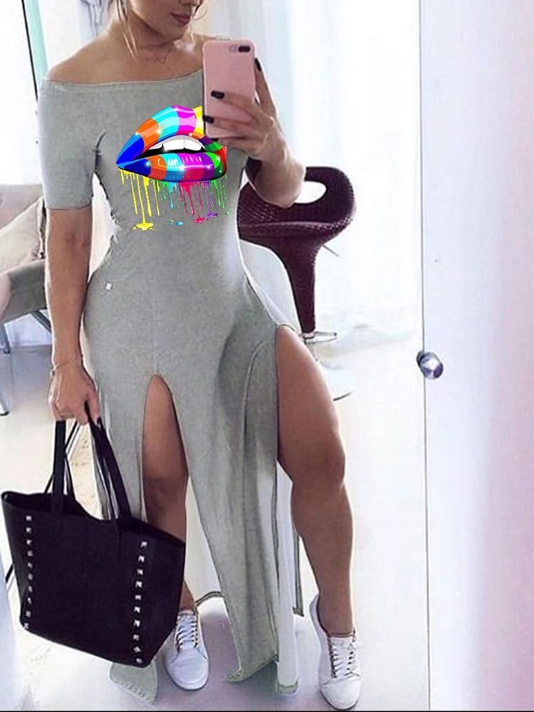 Split Off Shoulder Ankellång Medelmidja Vanlig Klänning
