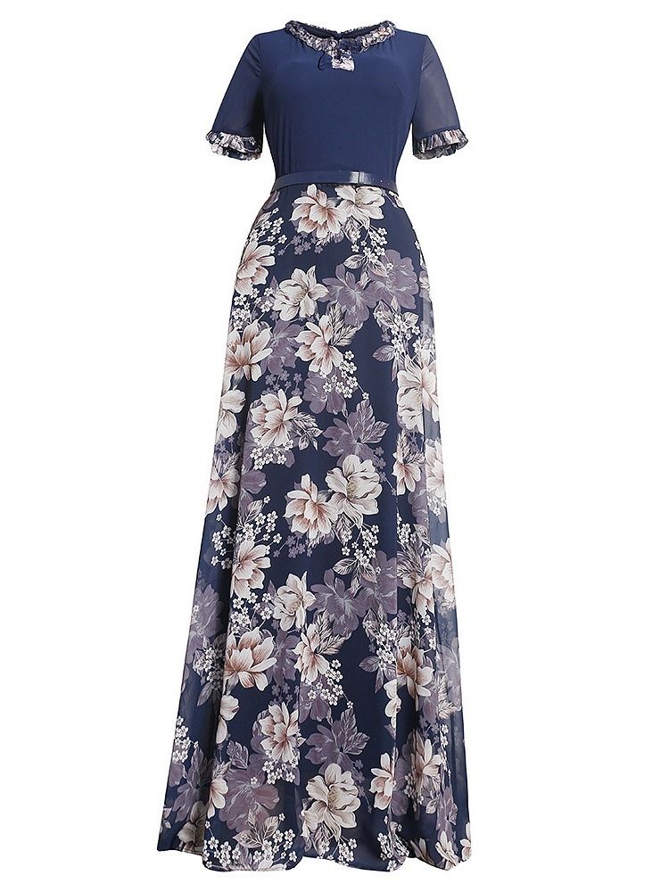 Stringy Selvedge Kortärmad Golvlång Blommig A-Line Klänning