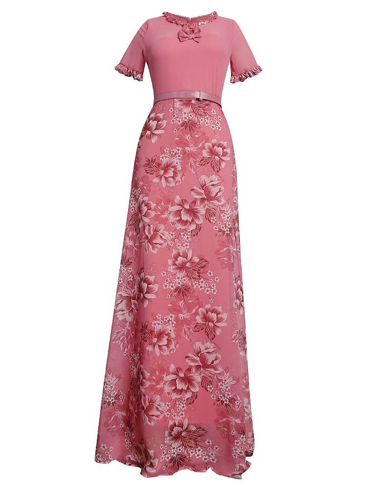 Stringy Selvedge Kortärmad Golvlång Blommig A-Line Klänning