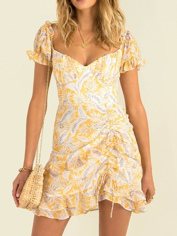 Sundress Above Knee Kortärmad Snörsklänning Modeklänning Bröllopsgäst
