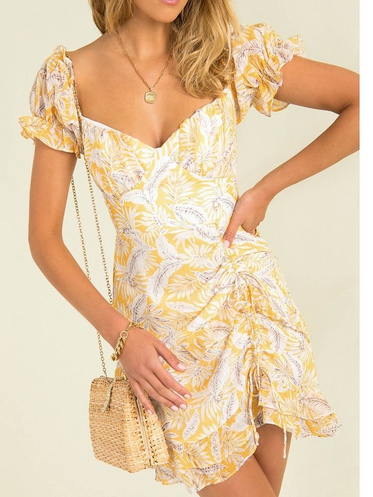 Sundress Above Knee Kortärmad Snörsklänning Modeklänning Bröllopsgäst