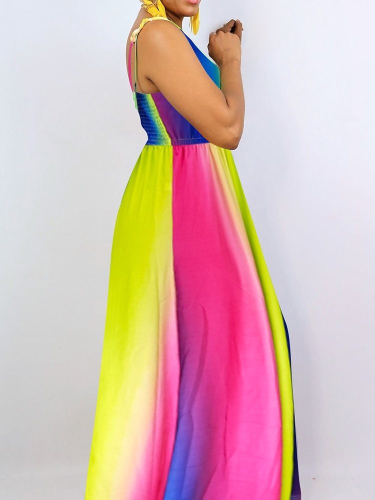 Tie-Dye Golvlång Ärmlös Color Block Maxiklänning