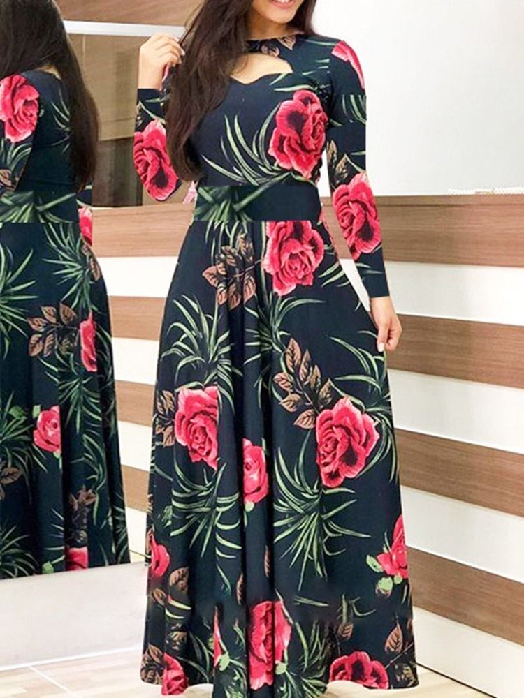 Tryck Golvlång Långärmad Blommig Vanlig Damklänning