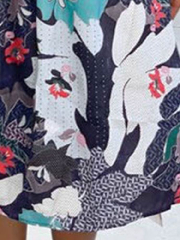 Tryck Med Kort Ärm Med Mitten Av Kalvblommig Midja Klänning (Utan Midjeband)