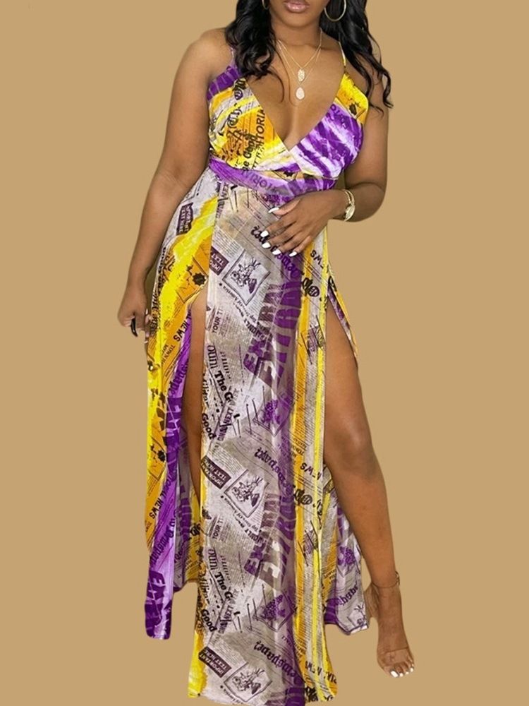 V-Halsad Patchwork Ärmlös A-Line Bodycon Klänning