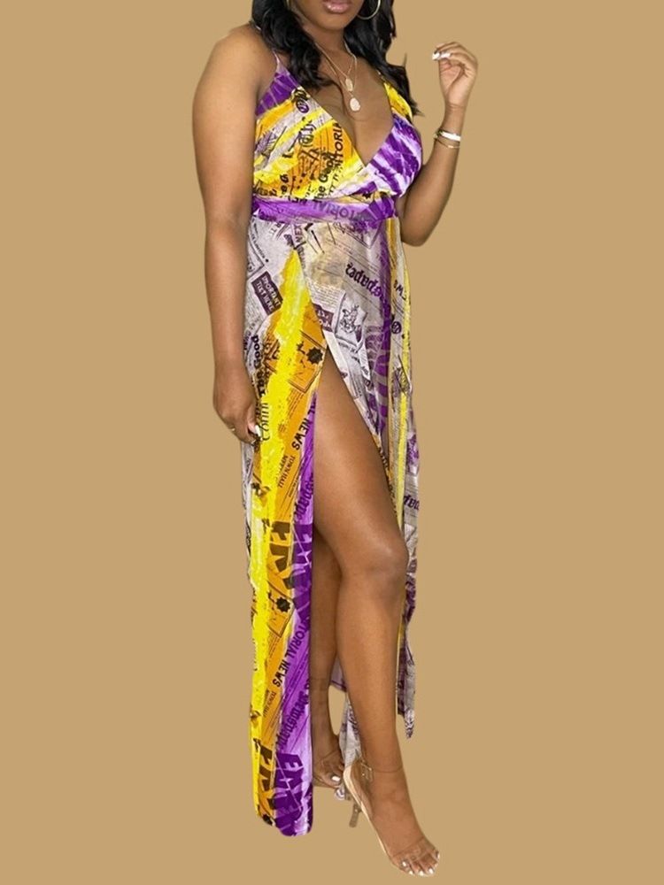 V-Halsad Patchwork Ärmlös A-Line Bodycon Klänning