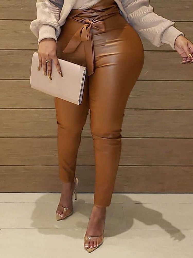 Bowknot Plain Skinny Mid Waist Casual Byxor