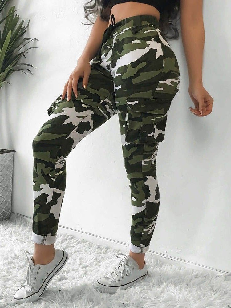 Camouflage Pocket Slim Hög Midja Full Längd Dambyxor
