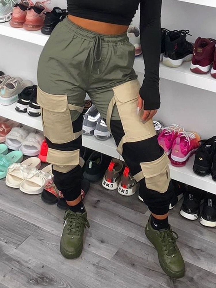 Cargo Pants Pocket Color Block Slim Dam Casual Byxor