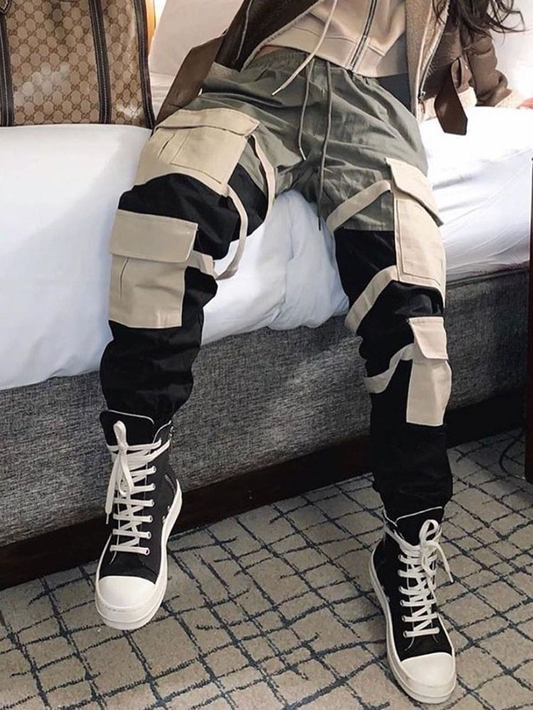 Cargo Pants Pocket Color Block Slim Dam Casual Byxor